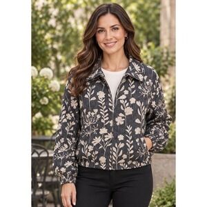 TCEC Floral Herringbone Bomber Textured Jacket Grey Cream Zip Up Collared Large